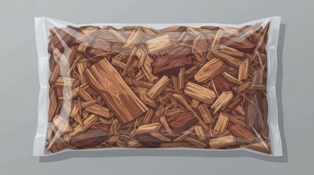 Transparent plastic bag filled with brown wooden chips and mulch
