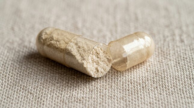 Open medicine capsule filled with beige powder on textured fabric