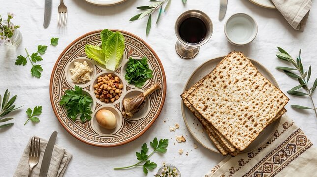 Traditional Passover Seder plate with matzo and festive table setting