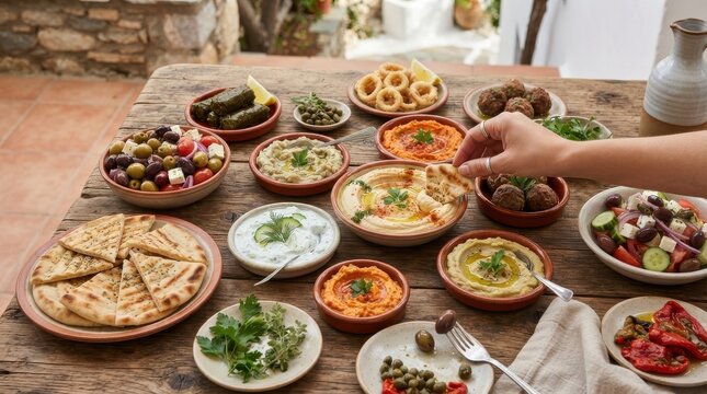 Traditional Mediterranean Meze sharing feast on wooden table