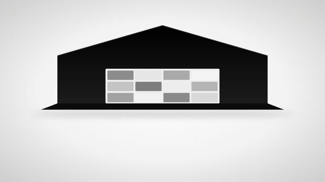 Clean minimalist icon of a black gabled building, featuring an abstract grid of varied grey blocks, symbolizing structured content, data organization, or architectural layout