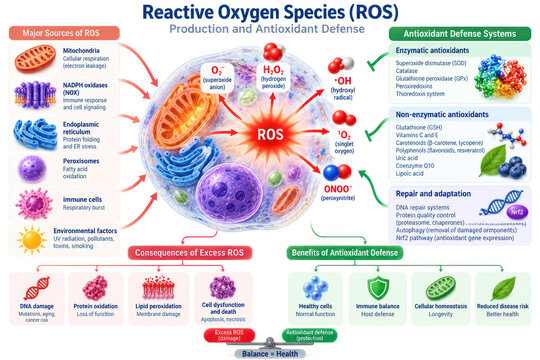 Reactive Oxygen Species ROS Production and Antioxidant Defense Infographic