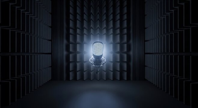 Silver microphone suspended in a dark soundproof recording studio with acoustic foam panels on walls and ceiling
