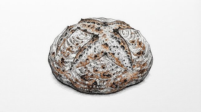 Hand drawn illustration of a round artisan sourdough bread loaf