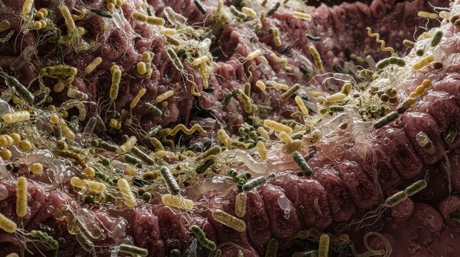 Microscopic view of intestinal microbiota and gut flora bacteria
