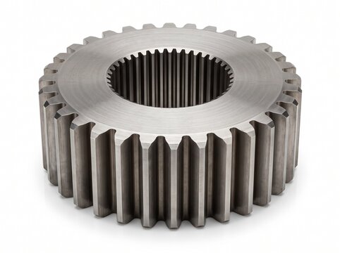 Offshore wind turbine blade pitch drive pinion gear. Macro detail of micro-machined alloy steel involute spur gear with splined bore. Heavy-duty wind power generation component on white background.