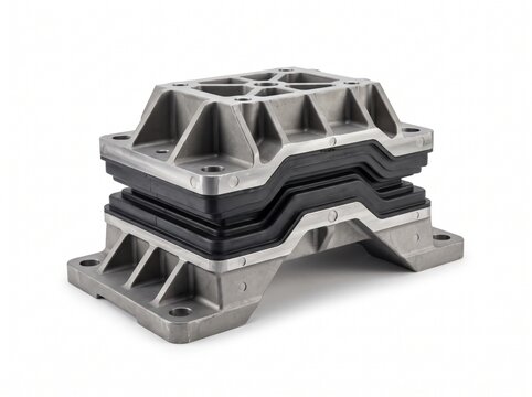 Wind turbine nacelle vibration isolator mount. Micro-machined structural alloy block bonded to high-damping vulcanized elastomer insert. Heavy-duty turbogenerator support on white background.