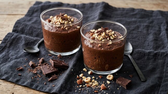Two glasses of chocolate mousse with chopped nuts on dark fabric