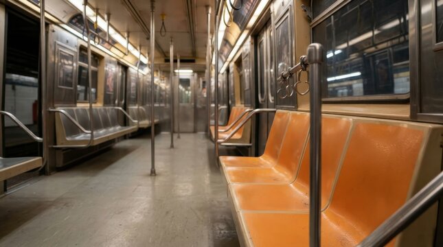 Empty subway train car with orange seats and metal poles