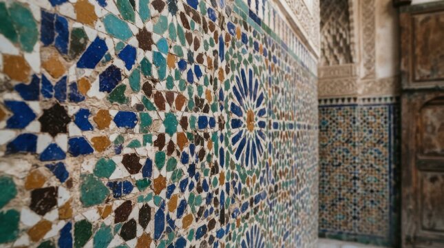Intricate Moroccan mosaic tilework with geometric patterns on a historic wall