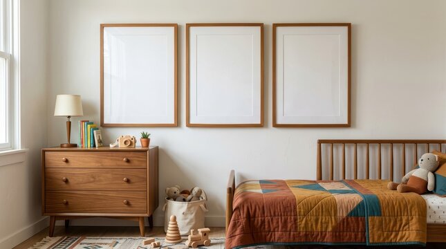Cozy children's bedroom with wooden furniture and three empty frames