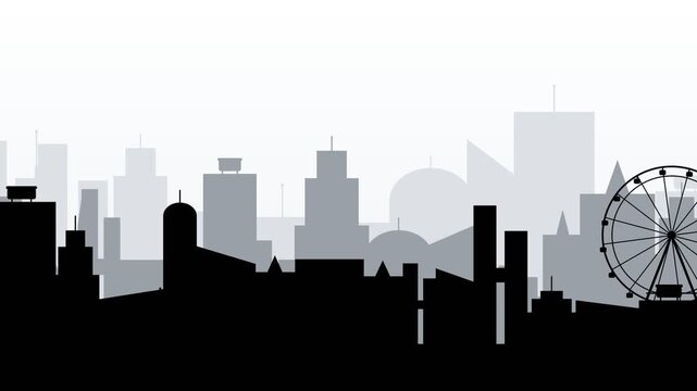 Stylized Urban Metropolis Skyline in Grayscale, Featuring Modern Architecture, Tall Buildings, and a Prominent Ferris Wheel Vector Graphic Illustration