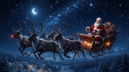 Santa Claus flying in sleigh with reindeer across starry night sky over snowy town