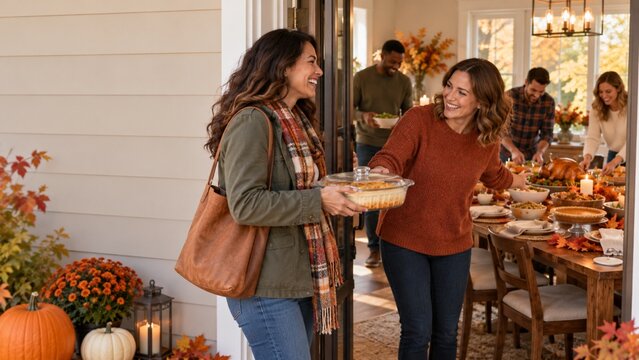 Guest arrives with food for Thanksgiving dinner