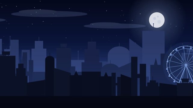 A tranquil vector illustration of a modern city skyline at night, featuring a majestic Ferris wheel, gleaming under a starry sky and bright full moon, evoking peaceful urban charm