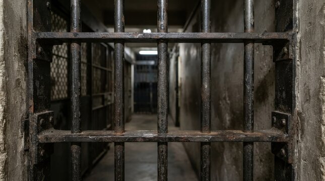 Old rusty prison cell bars in a dark hallway
