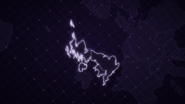 Purple neon United Kingdom map with glowing border and scan ring
