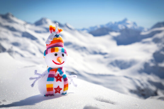 Happy snowman in mountains