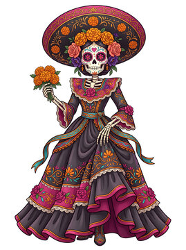 Mexican Day of the Dead La Catrina Skeleton Vector Illustration wearing traditional dress with hat holding marigold flowers, isolated on white background.