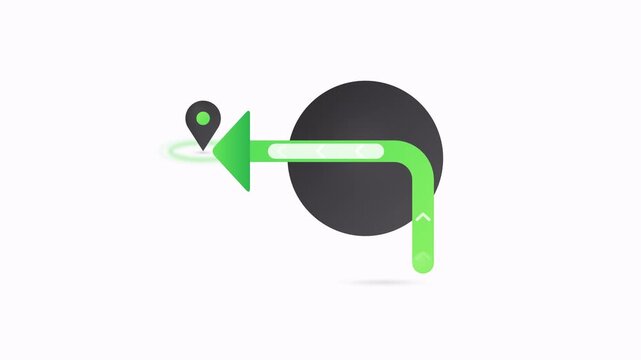 Minimalist Navigation Animation Showing a Green Arrow Turning Left Toward a Map Pin Destination.