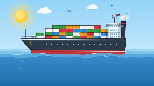 Vibrant cargo ship efficiently transports colorful containers across the vast ocean under a bright sunny sky, symbolizing global trade and logistics