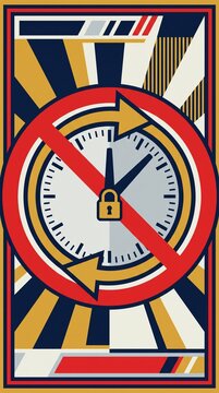 Analog clock with padlock and reverse arrows for daylight saving time end. This graphic illustration symbolizes the debate over abolishing seasonal clock changes.