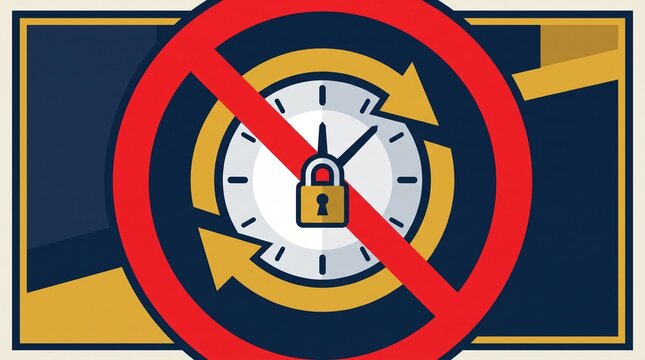 Locked analog clock with circular arrows symbolizing daylight saving time end. This graphic features a central padlock and reverse cycle arrows representing the seasonal time change debate.