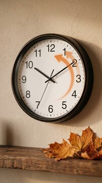 Black wall clock turning hands backward for autumn daylight saving time end with dry maple leaves on rustic wooden shelf. Fall time change editorial concept shot.