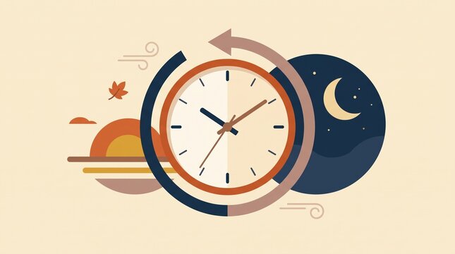 Wall clock with rotating arrow showing autumn daylight saving time transition. This graphic illustrates the seasonal clock change with a falling leaf and day-night cycle.