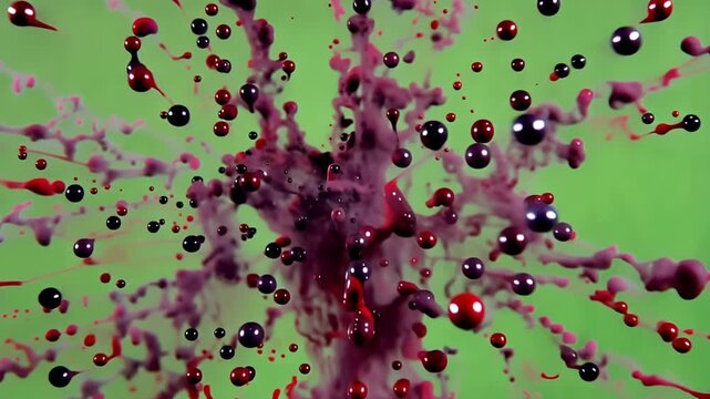 Black Ink Burst with Droplets on Green Background