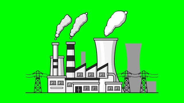Industrial factory complex emitting smoke, illustrating pollution and energy production with power lines against a vibrant green screen background, showcasing environmental impact