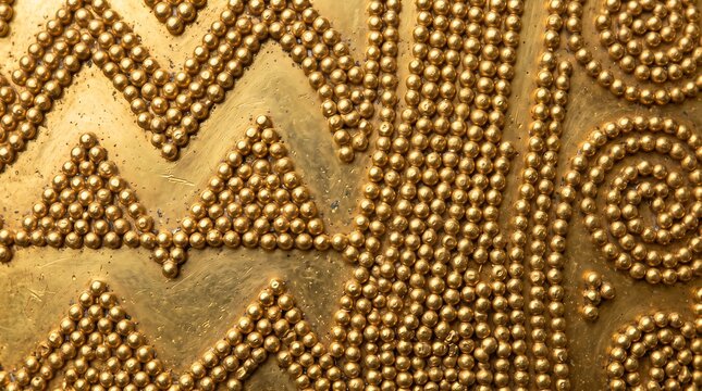 Gold metal surface with embossed bead texture in geometric triangle patterns and circular swirl