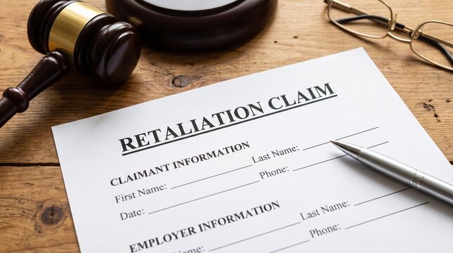 Retaliation Claim Form on Wooden Table with Gavel and Glasses