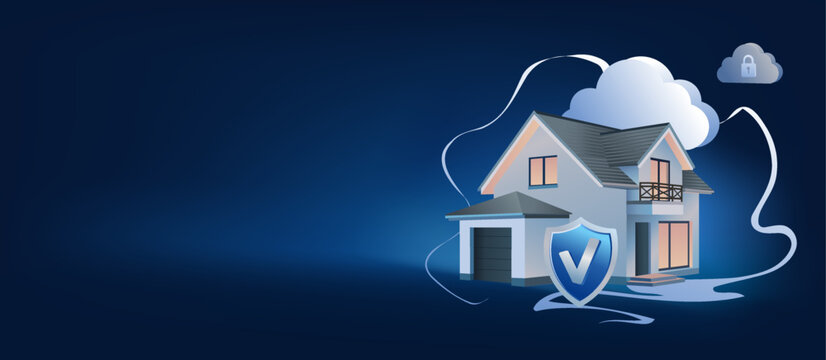 Smart home security concept with a protective shield and cloud storage icon on a dark blue banner background