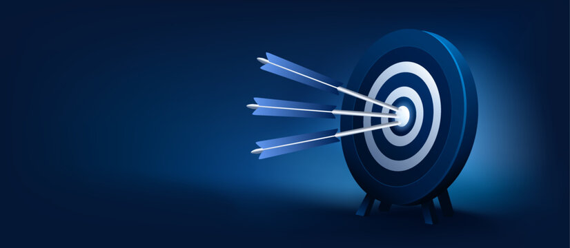 Business goal concept with three arrows hitting the center of a target bullseye on a dark blue banner background