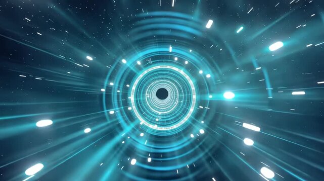 Futuristic Cosmic Cyan Warp Tunnel with Energy Particles
