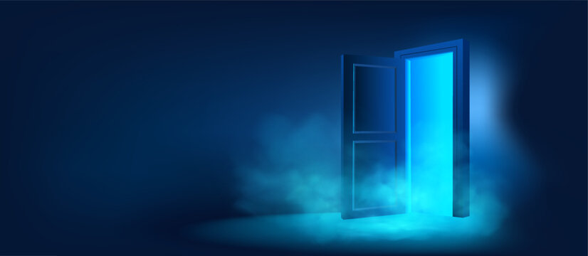 Open door with glowing blue neon light and smoke on a dark background banner