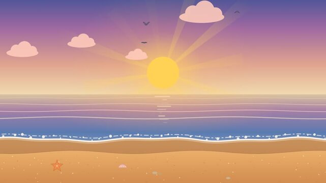 Vibrant cartoon illustration of a serene beach at golden hour. Radiant sun reflects on tranquil ocean waters, under a colorful sky, with a peaceful sandy shore
