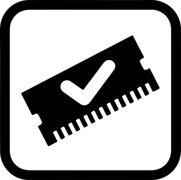 Approved memory module verification, RAM stick checkmark, tech validation, vector icon set