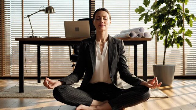 Calm businesswoman sits in lotus position doing yoga on office floor. Businesswoman practicing meditation relieves work stress. Relaxed businesswoman enjoys yoga break. Meditation in sunny office.