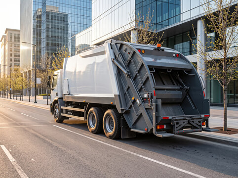 grey modern garbage truck parked on a clean city street near large glass buildings of business center specialized vehicle for transportation of household and construction waste