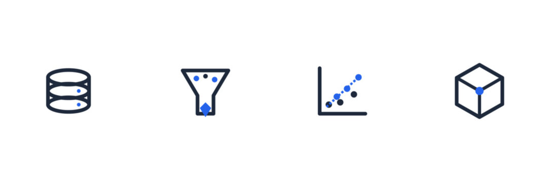 Set of 4 data science big data database mining and graph line icons