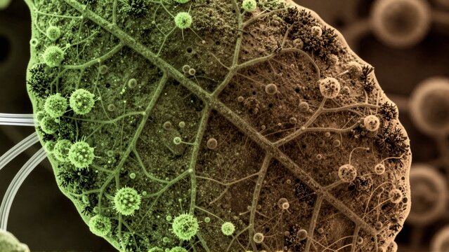 close microscopic view leaf leaf appears dark material possibly stone concrete covered small round green cells cells arranged radial pattern overlapping background blurred seems darker more abstract