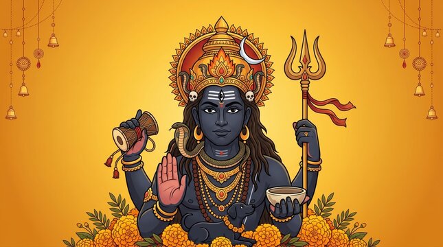 Lord shiva deity with a golden crown, trident, damaru, and cobra, surrounded by orange marigold flowers on a warm yellow background