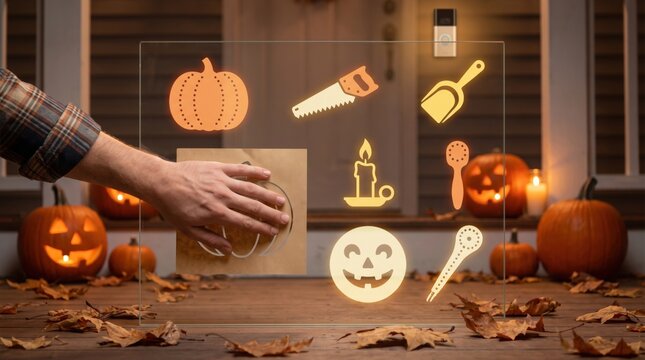 Halloween pumpkin carving and decoration concept, hands interacting with icons of pumpkin, saw, shovel, candle, and jack-o-lantern, seasonal celebration, DIY crafts, holiday prep