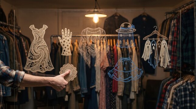 Fashion design and costume concept, hands interacting with icons of lace dress, gloves, shawl, skirt, and ghost clothing, apparel design, textile pattern, wardrobe curation