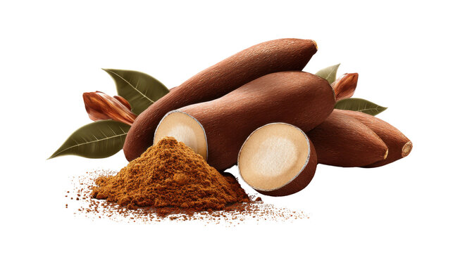Brown cassava roots with cut white flesh, green leaves and ground tapioca flour pile, organic tropical yuca tuber vegetable on white background