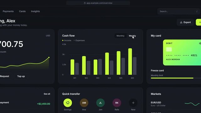 Fintech dashboard UI animation with cursor clicking balance cards and charts in a dark graphite and lime web app seamless loop