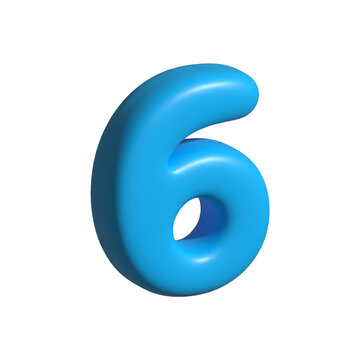 Blue 3D number six isolated on white background, glossy rounded numeral for education, counting, ranking, typography and graphic design