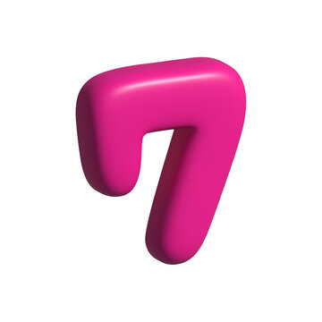 Pink 3D number seven isolated on white background, glossy rounded numeral for education, counting, ranking, typography and graphic design